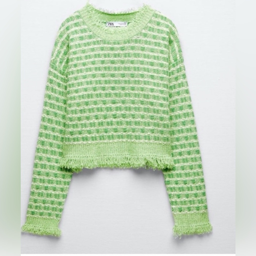 Zara Green Frayed Knit Tweed Sweater - Picture 2 of 6